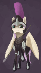 Size: 2100x3700 | Tagged: safe, artist:phi, oc, oc only, oc:violet dawn, pegasus, pony, equestria at war mod, armor, clothes, dark background, female, greek, greek clothes, greek helmet, guardsmare, helmet, high res, mare, not fluttershy, royal guard, solo, spear, weapon