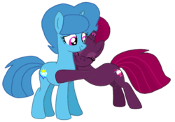 Size: 1219x855 | Tagged: safe, artist:徐詩珮, fizzlepop berrytwist, spring rain, tempest shadow, pony, unicorn, g4, base used, broken horn, female, horn, hug, lesbian, mare, ship:springshadow, shipping, simple background, transparent background