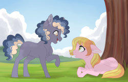 Size: 5000x3200 | Tagged: safe, artist:azure-art-wave, oc, oc only, oc:cloudy quartz, oc:sundrop, earth pony, pony, colt, female, filly, magical lesbian spawn, male, offspring, parent:high winds, parent:marble pie, prone, tree