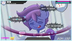 Size: 1920x1080 | Tagged: safe, artist:triplesevens, oc, oc only, oc:lucid dream, earth pony, pony, crossover, danganronpa, danganronpa 2, dutch angle, eye bag, fake screenshot, ponified, shield, smiling, solo, text, video game