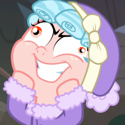 Size: 1000x1000 | Tagged: safe, edit, edited screencap, screencap, cozy glow, pegasus, pony, frenemies (episode), g4, clothes, coat, cozy glow is best facemaker, cropped, faic, female, filly, hat, solo