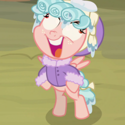Size: 1000x1000 | Tagged: safe, edit, edited screencap, screencap, cozy glow, pegasus, pony, frenemies (episode), g4, bipedal, clothes, coat, cozy glow is best facemaker, cropped, derp, faic, female, filly, hat, solo