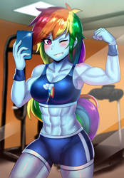 Size: 800x1148 | Tagged: safe, artist:tzc, rainbow dash, equestria girls, g4, abs, anime, armpits, breasts, busty rainbow dash, clothes, commission, female, fetish, gym, midriff, muscle fetish, muscles, muscular female, one eye closed, rainbuff dash, selfie, solo, sports bra, sweat, wink, workout outfit