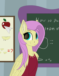 Size: 2300x2992 | Tagged: safe, artist:semental, derpibooru exclusive, fluttershy, pegasus, pony, g4, bust, chalkboard, clothes, ear fluff, female, folded wings, high res, mare, sitting, smiling, solo, three quarter view, wings