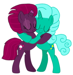 Size: 1031x1052 | Tagged: safe, alternate version, artist:徐詩珮, fizzlepop berrytwist, glitter drops, tempest shadow, pony, unicorn, g4, my little pony: the movie, base used, broken horn, eyes closed, female, horn, hug, lesbian, mare, ship:glittershadow, shipping, simple background, transparent background