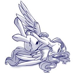 Size: 2000x2000 | Tagged: safe, artist:dimfann, oc, oc only, pegasus, pony, butt, featureless crotch, looking at you, monochrome, on back, plot, simple background, solo, spread wings, white background, wings