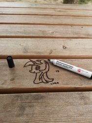Size: 5472x7296 | Tagged: safe, artist:porschepegasus, lyra heartstrings, pony, unicorn, g4, bench, bust, cute, day, drawing on wood, female, graffiti, lineart, lyrabetes, marker, marker drawing, marker on wood, monochrome, outdoors, photo, sideways, solo, table, traditional art, vandalism