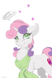 Size: 1500x2250 | Tagged: safe, artist:skitsroom, sweetie belle, pony, unicorn, g4, clothes, cutie mark, female, heart, looking at you, scarf, solo, speech, the cmc's cutie marks