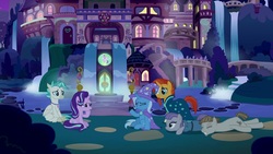 Size: 1920x1080 | Tagged: safe, screencap, maud pie, mudbriar, starlight glimmer, sunburst, terramar, trixie, earth pony, hippogriff, pony, unicorn, g4, student counsel, female, male, mare, night, school of friendship, stallion