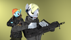 Size: 1920x1080 | Tagged: safe, artist:spinostud, derpy hooves, rainbow dash, anthro, g4, 3d, bullpup rifle, clothes, female, gun, mare, source filmmaker, tar21, weapon, you're doing it wrong