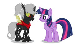 Size: 1280x720 | Tagged: safe, artist:megamanhxh, twilight sparkle, oc, oc:bandit, alicorn, changeling, pony, g4, >:), animated, canon x oc, changeling oc, cute, double colored changeling, female, hug, kissing, male, smiling, smirk, straight, twilight sparkle (alicorn), winghug