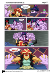 Size: 1697x2367 | Tagged: safe, artist:atariboy2600, artist:bluecarnationstudios, sci-twi, spike, spike the regular dog, sunset shimmer, twilight sparkle, dog, comic:the amazonian effect, comic:the amazonian effect iii, equestria girls, g4, angry, bra, clothes, muscles, overdeveloped muscles, poets of the fall, purple underwear, red eyes, roar, twilight muscle, underwear, vein, wrestling