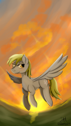 Size: 2160x3840 | Tagged: safe, artist:dashy21, derpy hooves, pegasus, pony, g4, blushing, cloud, female, flying, high res, mare, signature, sky, smiling, solo, spread wings, sunset, wings