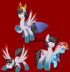 Size: 1697x1748 | Tagged: safe, artist:flylash1, rainbow dash, pegasus, pony, g4, cape, clothes, colored wings, colored wingtips, crossover, crown, decepticon, female, gradient hooves, irritated, jewelry, king starscream, male, mare, ponified, regalia, smiling, smirk, stallion, starscream, starscream vs rainbow dash, transformers, wings