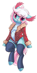 Size: 1046x2048 | Tagged: safe, artist:dimfann, oc, oc only, oc:angela de medici, earth pony, pony, semi-anthro, arm hooves, bomber jacket, chest fluff, clothes, ear feathers, female, glasses, jacket, looking at you, mare, open clothes, panties, simple background, sitting, solo, stockings, thigh highs, transparent background, underwear