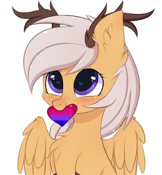 Size: 2673x2895 | Tagged: safe, alternate version, artist:pesty_skillengton, oc, oc only, oc:antler pone, original species, antlers, bisexual pride flag, blushing, chest fluff, cute, ear fluff, female, heart, heart eyes, high res, mouth hold, pride, pride month, simple background, wingding eyes, wings, ych result