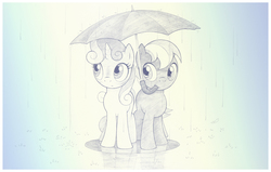 Size: 1191x759 | Tagged: safe, artist:sherwoodwhisper, button mash, sweetie belle, earth pony, pony, unicorn, g4, colt, female, filly, male, mouth hold, rain, ship:sweetiemash, shipping, straight, traditional art, umbrella