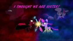 Size: 3840x2160 | Tagged: safe, artist:ejlightning007arts, tempest shadow, twilight sparkle, alicorn, pony, g4, crossover, fight, high res, implied lesbian, implied shipping, implied tempestlight, lightsaber, sad, star wars, twilight sparkle (alicorn), wallpaper, weapon