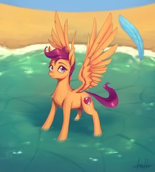 Size: 1096x1217 | Tagged: safe, artist:dumddeer, scootaloo, pegasus, pony, g4, beach, chest fluff, feather, feathered wings, female, filly, foal, implied rainbow dash, looking at you, smiling, smiling at you, solo, spread wings, standing in water, water, wings
