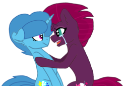 Size: 1587x1080 | Tagged: safe, alternate version, artist:徐詩珮, fizzlepop berrytwist, spring rain, tempest shadow, pony, unicorn, g4, background removed, base used, broken horn, crying, female, horn, lesbian, mare, ship:springshadow, shipping, simple background, transparent background
