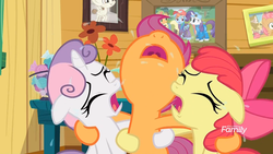 Size: 1745x982 | Tagged: safe, screencap, apple bloom, applejack, babs seed, featherweight, rainbow dash, rarity, scootaloo, sweetie belle, earth pony, pegasus, pony, unicorn, g4, the last crusade, bowl, candy, clubhouse, crusaders clubhouse, crying, cutie mark crusaders, discovery family logo, flower, food, picture, picture frame