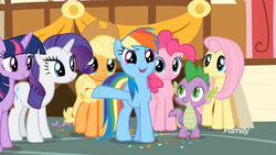 Size: 1745x982 | Tagged: safe, screencap, applejack, fluttershy, pinkie pie, rainbow dash, rarity, spike, twilight sparkle, alicorn, dragon, earth pony, pegasus, pony, unicorn, g4, the last crusade, cute, dashabetes, discovery family logo, mane six, ponyville town hall, town hall, twilight sparkle (alicorn)