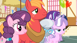 Size: 1745x982 | Tagged: safe, screencap, big macintosh, diamond tiara, silver spoon, starlight glimmer, sugar belle, sweetie belle, twilight sparkle, alicorn, earth pony, pony, unicorn, g4, the last crusade, balloon, discovery family logo, ponyville town hall, stairs, town hall, twilight sparkle (alicorn)