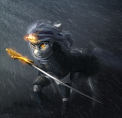 Size: 1654x1594 | Tagged: safe, artist:eerinless, oc, oc only, pony, unicorn, armor, magic, rain, solo, sword, weapon