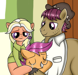 Size: 2889x2794 | Tagged: safe, artist:doraeartdreams-aspy, mane allgood, scootaloo, snap shutter, earth pony, pegasus, pony, g4, the last crusade, clothes, crying, eyes closed, family, father and daughter, female, filly, hat, high res, hug, like father like daughter, like mother like daughter, male, mare, mother and daughter, ship:maneshutter, shipping, shirt, stallion, straight, tears of joy, unshorn fetlocks