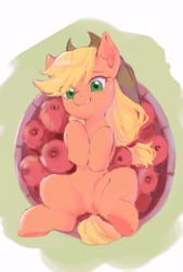 Size: 709x1049 | Tagged: safe, artist:yakieringi014, applejack, earth pony, pony, g4, apple, cute, female, food, jackabetes, mare, on back, solo, that pony sure does love apples