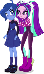Size: 4175x7000 | Tagged: safe, artist:limedazzle, aria blaze, oc, oc:janey, equestria girls, find the magic, g4, my little pony equestria girls: better together, absurd resolution, canon x oc, clothes, polka dots, show accurate, simple background, smiling, transparent background