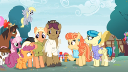 Size: 1745x982 | Tagged: safe, screencap, aunt holiday, auntie lofty, babs seed, cheerilee, derpy hooves, mane allgood, pipsqueak, scootaloo, snap shutter, trouble shoes, twist, earth pony, pegasus, pony, g4, the last crusade, balloon, colt, discovery family logo, female, filly, foal, male, mare, outdoors, ponyville, scootaloo's parents, stallion