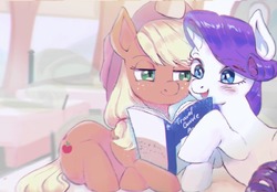 Size: 1018x709 | Tagged: safe, artist:yakieringi014, applejack, rarity, earth pony, pony, unicorn, g4, blushing, book, cute, female, jackabetes, lesbian, mare, raribetes, reading, ship:rarijack, shipping, train