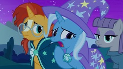 Size: 1920x1080 | Tagged: safe, screencap, maud pie, sunburst, trixie, earth pony, pony, unicorn, g4, student counsel, cape, clothes, female, hat, male, mare, night, shipping fuel, stallion, trixie's cape, trixie's hat