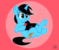 Size: 1338x1143 | Tagged: safe, artist:iheartjapan789, oc, oc only, oc:andrea, pony, unicorn, cute, female, hoof hold, mare, nintendo switch, simple background, sitting, solo