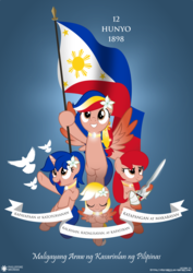 Size: 1951x2761 | Tagged: safe, artist:jhayarr23, oc, oc:luz, oc:minda, oc:pearl shine, oc:vi, bird, dove, filipino, flag, independence day, philippines, phillipine independence day, simple background, sword, tagalog, weapon