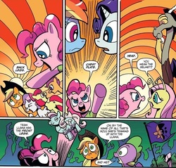Size: 624x596 | Tagged: safe, artist:andypriceart, idw, apple bloom, applejack, cha cha, cosmos, discord, fluttershy, pinkie pie, rainbow dash, rarity, scootaloo, spike, sweetie belle, dragon, earth pony, llama, pegasus, pony, unicorn, g1, g4, spoiler:comic78, applejack's hat, comic, cowboy hat, facepalm, female, flag, hat, male, reference, toy, winged spike, wings