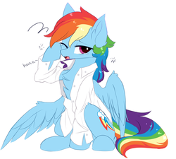 Size: 1000x900 | Tagged: safe, artist:heddopen, rainbow dash, pegasus, pony, chest fluff, clothes, ear fluff, female, looking at you, mare, shirt, simple background, sleepy, solo, white background, wings