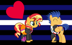 Size: 800x500 | Tagged: safe, artist:mlpfan3991, flash sentry, sunset shimmer, pony, unicorn, g4, clothes, equestria girls ponified, female, jacket, leather jacket, leather pride flag, male, ponified, pride flag, ship:flashimmer, shipping, straight
