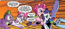 Size: 624x280 | Tagged: safe, artist:andypriceart, idw, pinkie pie, rainbow dash, rarity, spike, sweetie belle, dragon, earth pony, pegasus, pony, unicorn, g4, spoiler:comic78, female, male, mare, winged spike, wings