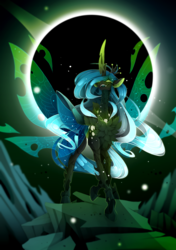 Size: 2607x3704 | Tagged: safe, artist:taiga-blackfield, queen chrysalis, changeling, changeling queen, g4, badass, crown, eclipse, epic, female, glowing, glowing eyes, glowing horn, high res, horn, jewelry, regalia, smiling, solo, spread wings, transparent wings, wings