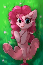 Size: 1000x1500 | Tagged: safe, alternate version, artist:php97, pinkie pie, earth pony, pony, g4, alternate hairstyle, chest fluff, cute, dappled sunlight, diapinkes, dock, ear fluff, featureless crotch, female, frog (hoof), grass, looking at you, mane swap, mare, on back, smiling, solo, underhoof