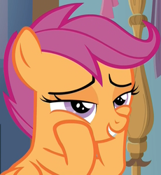 Size: 991x1079 | Tagged: safe, screencap, scootaloo, pegasus, pony, g4, the last crusade, cropped, cute, cutealoo, daydream, female, filly, hooves on cheeks, lidded eyes, smiling, solo
