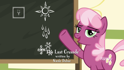 Size: 1920x1080 | Tagged: safe, screencap, cheerilee, earth pony, pony, g4, season 9, the last crusade, chalkboard, credits, discovery family logo, female, lidded eyes, looking at you, mare, pointing, ponyville schoolhouse, rain, snow, snowflake, solo, sun