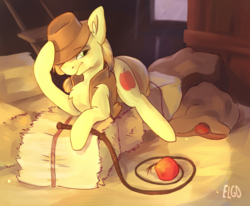 Size: 2796x2304 | Tagged: safe, artist:ecolinegd, braeburn, earth pony, pony, g4, apple, barn, chest fluff, cowboy hat, crepuscular rays, eye clipping through hat, food, hat, hay bale, high res, looking at you, male, sack, solo, stallion, whip