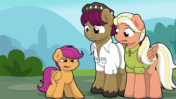 Size: 1280x720 | Tagged: safe, artist:ljdamz1119, mane allgood, scootaloo, snap shutter, earth pony, pegasus, pony, g4, the last crusade, clothes, family, father and daughter, female, filly, funny, funny as hell, hat, male, mare, meme, monsters inc., mother and daughter, open mouth, ponified meme, scene interpretation, shirt, stallion, unshorn fetlocks