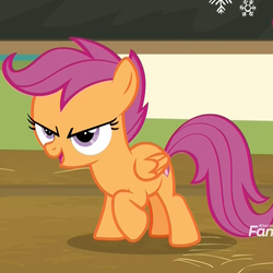 Size: 1071x1071 | Tagged: safe, screencap, scootaloo, pegasus, pony, g4, the last crusade, cropped, female, filly, narrowed eyes, ponyville schoolhouse, smiling, solo
