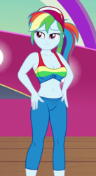 Size: 593x1080 | Tagged: safe, edit, edited screencap, editor:ah96, screencap, rainbow dash, equestria girls, equestria girls specials, g4, my little pony equestria girls: better together, my little pony equestria girls: spring breakdown, belly button, breast edit, breasts, busty rainbow dash, cleavage, cropped, cruise outfit, female, midriff, realistic anatomy, sexy, solo