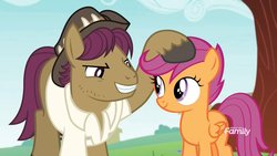 Size: 1920x1080 | Tagged: safe, screencap, scootaloo, snap shutter, earth pony, pegasus, pony, g4, the last crusade, clothes, cute, discovery family logo, eye contact, father and daughter, female, filly, gritted teeth, hoof on head, like father like daughter, like parent like child, looking at each other, male, narrowed eyes, shirt, smiling, stallion
