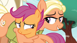 Size: 1920x1080 | Tagged: safe, screencap, mane allgood, scootaloo, snap shutter, pegasus, pony, g4, the last crusade, discovery family logo, duo focus, embarrassed, eye contact, female, filly, hug, lidded eyes, like mother like daughter, like parent like child, looking at each other, mare, mother and daughter, scootalove, smiling, winghug